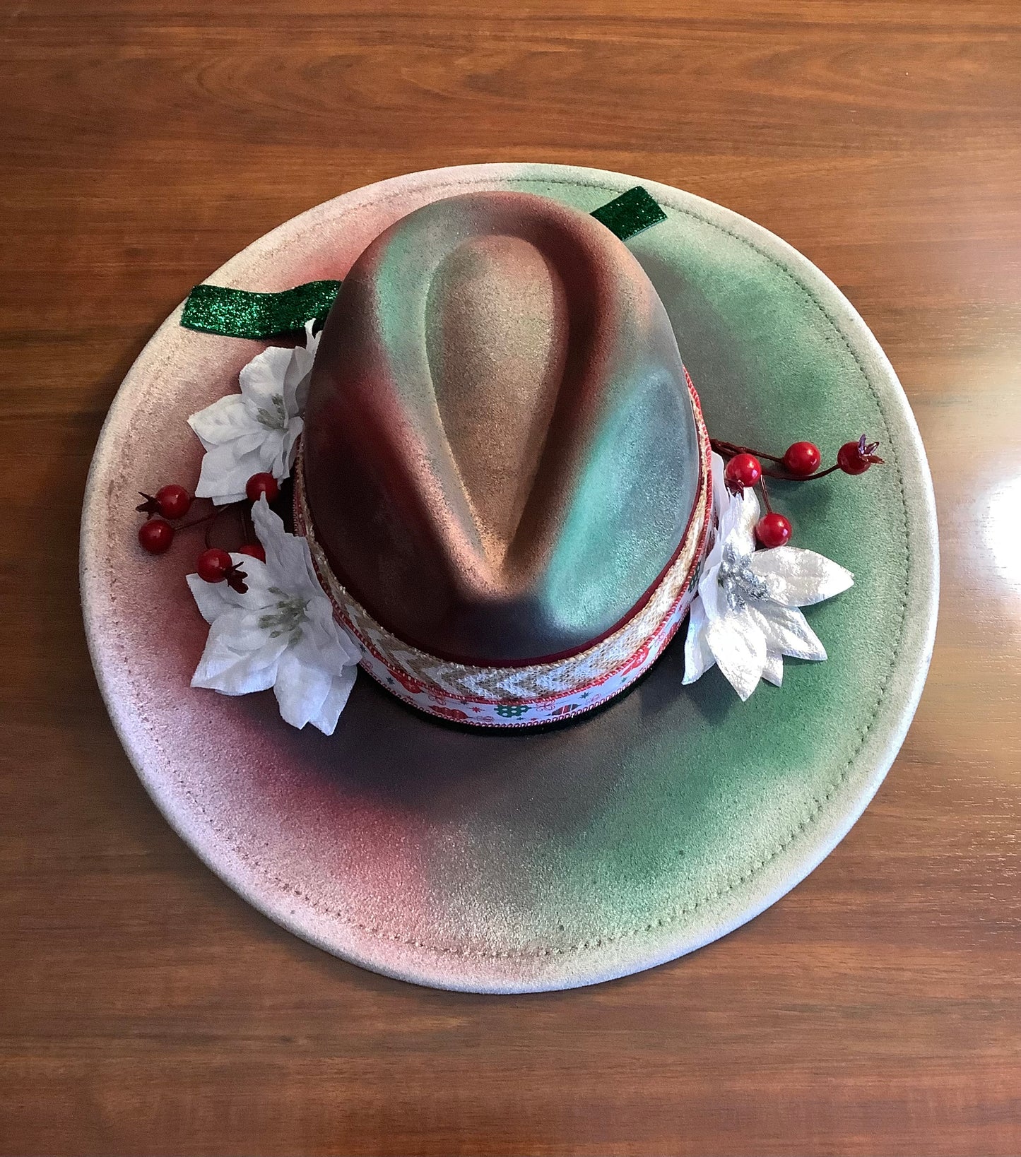 Winter Poinsettia Wide Brim Hat – Festive Hand-Painted Vegan Suede