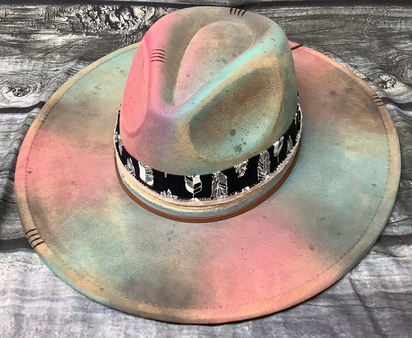 Pastel Feather Band Vegan Suede Wide Brim Hat