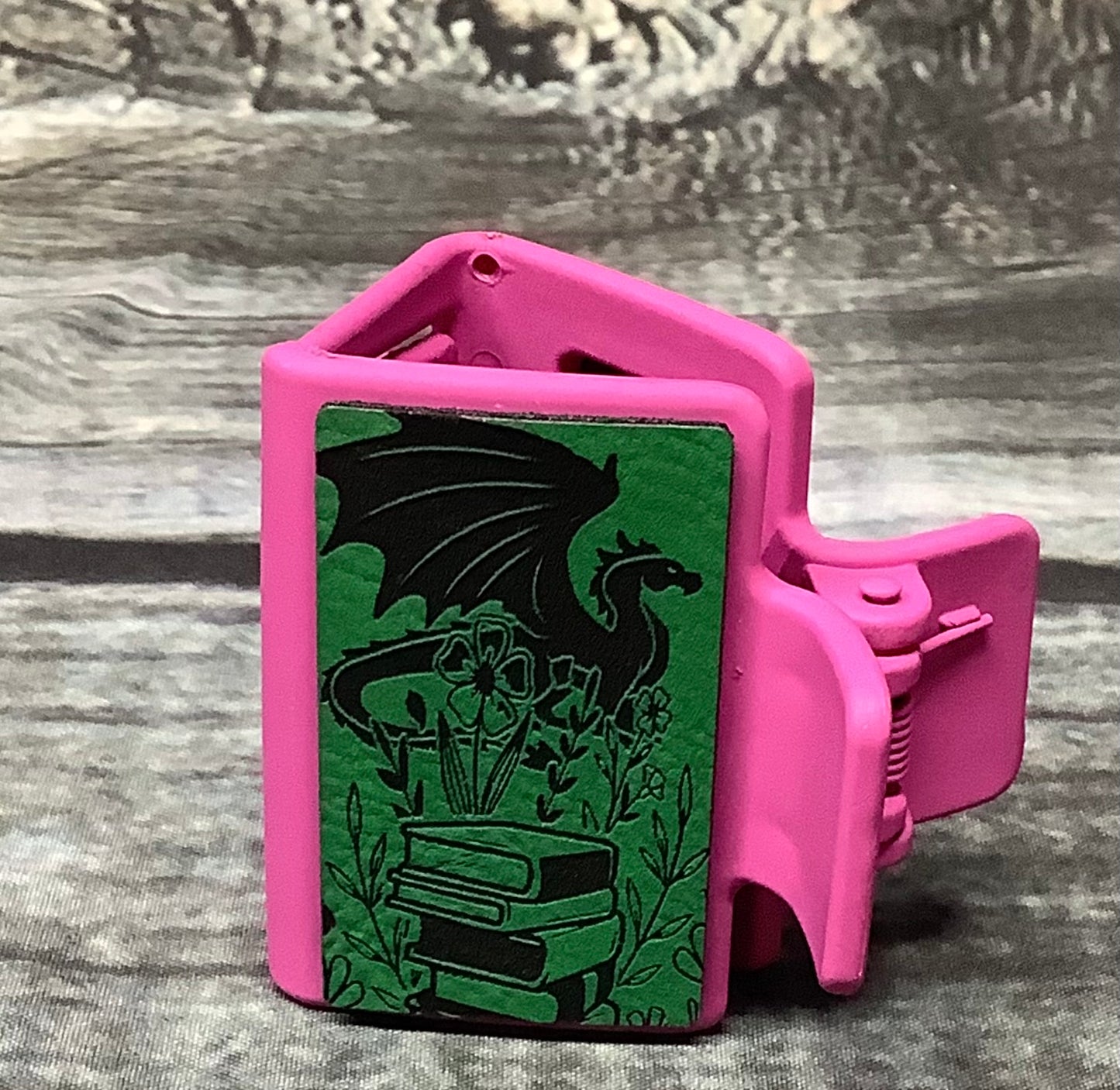 Dragon & Books Mini Hair Claw Clip – Engraved Leatherette Fantasy Book Lover Hair Accessory, Small Statement Claw Clip