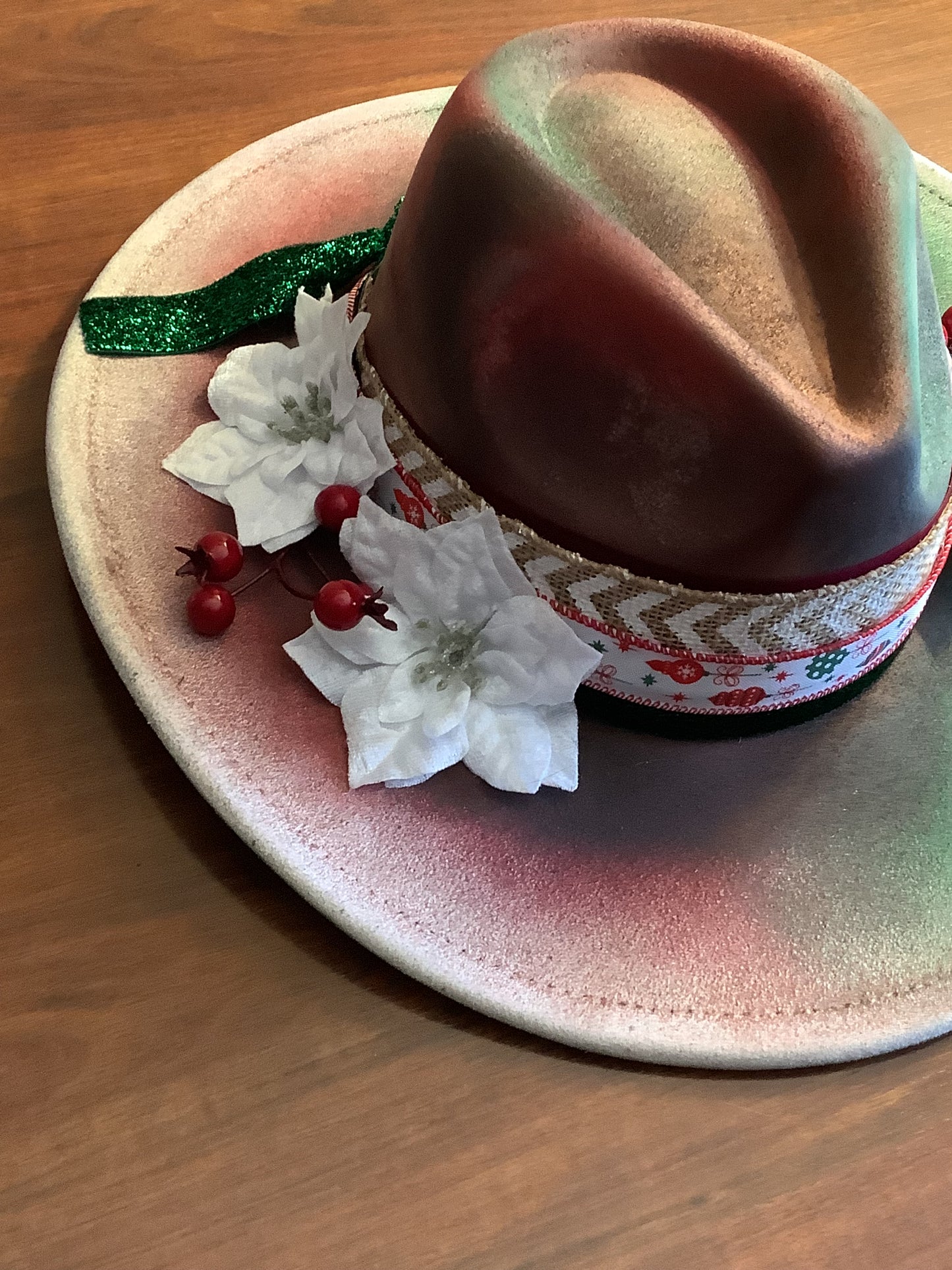 Winter Poinsettia Wide Brim Hat – Festive Hand-Painted Vegan Suede