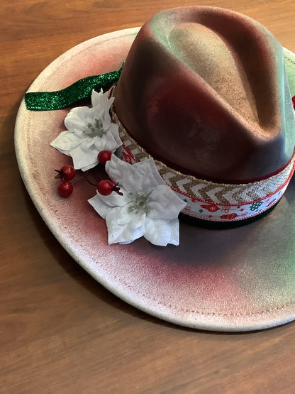 Winter Poinsettia Wide Brim Hat – Festive Hand-Painted Vegan Suede