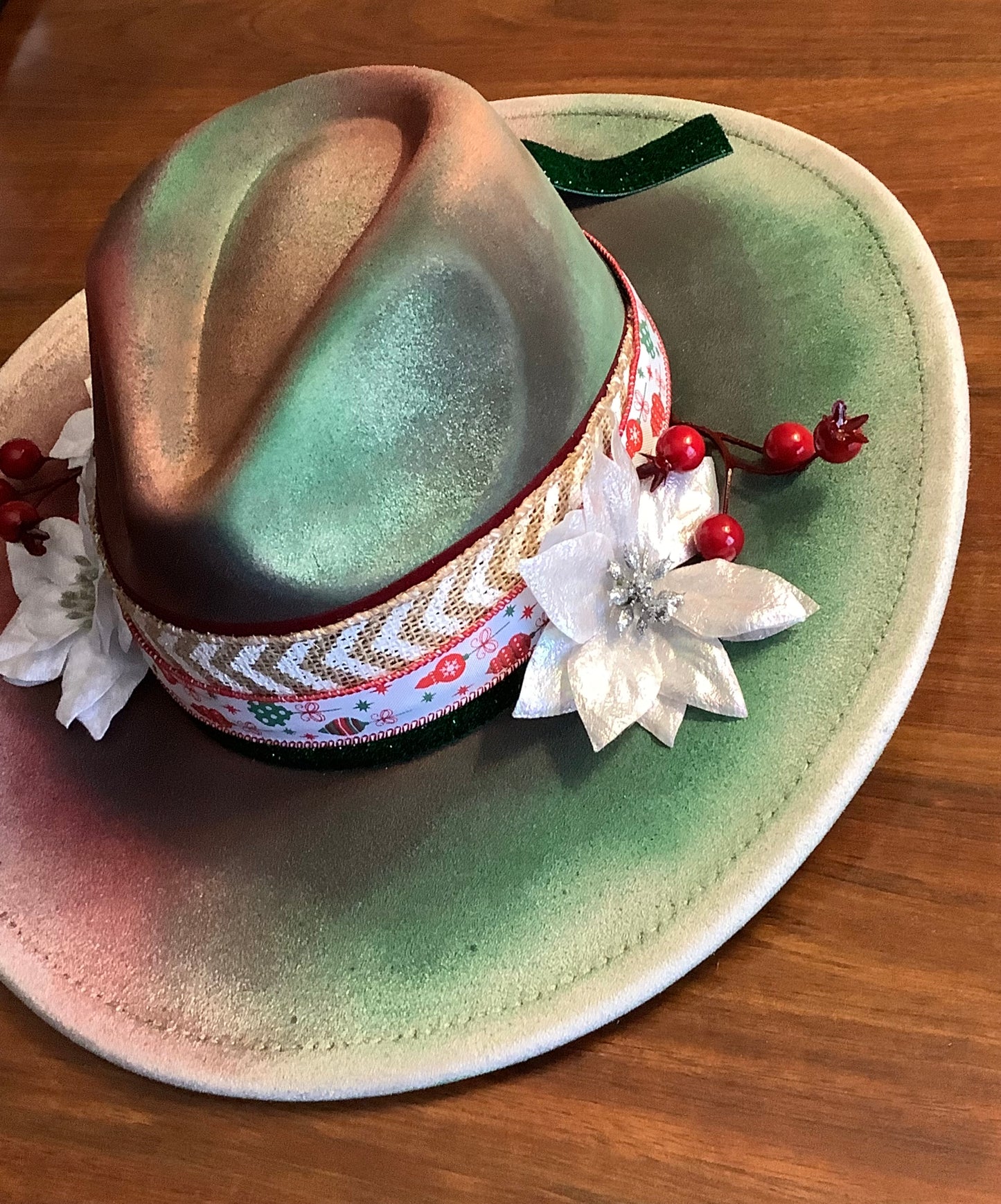 Winter Poinsettia Wide Brim Hat – Festive Hand-Painted Vegan Suede