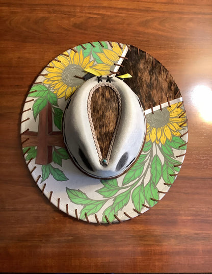One-of-a-Kind Sunflower & Cross Cowhide Wide Brim Hat