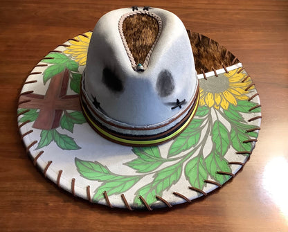One-of-a-Kind Sunflower & Cross Cowhide Wide Brim Hat