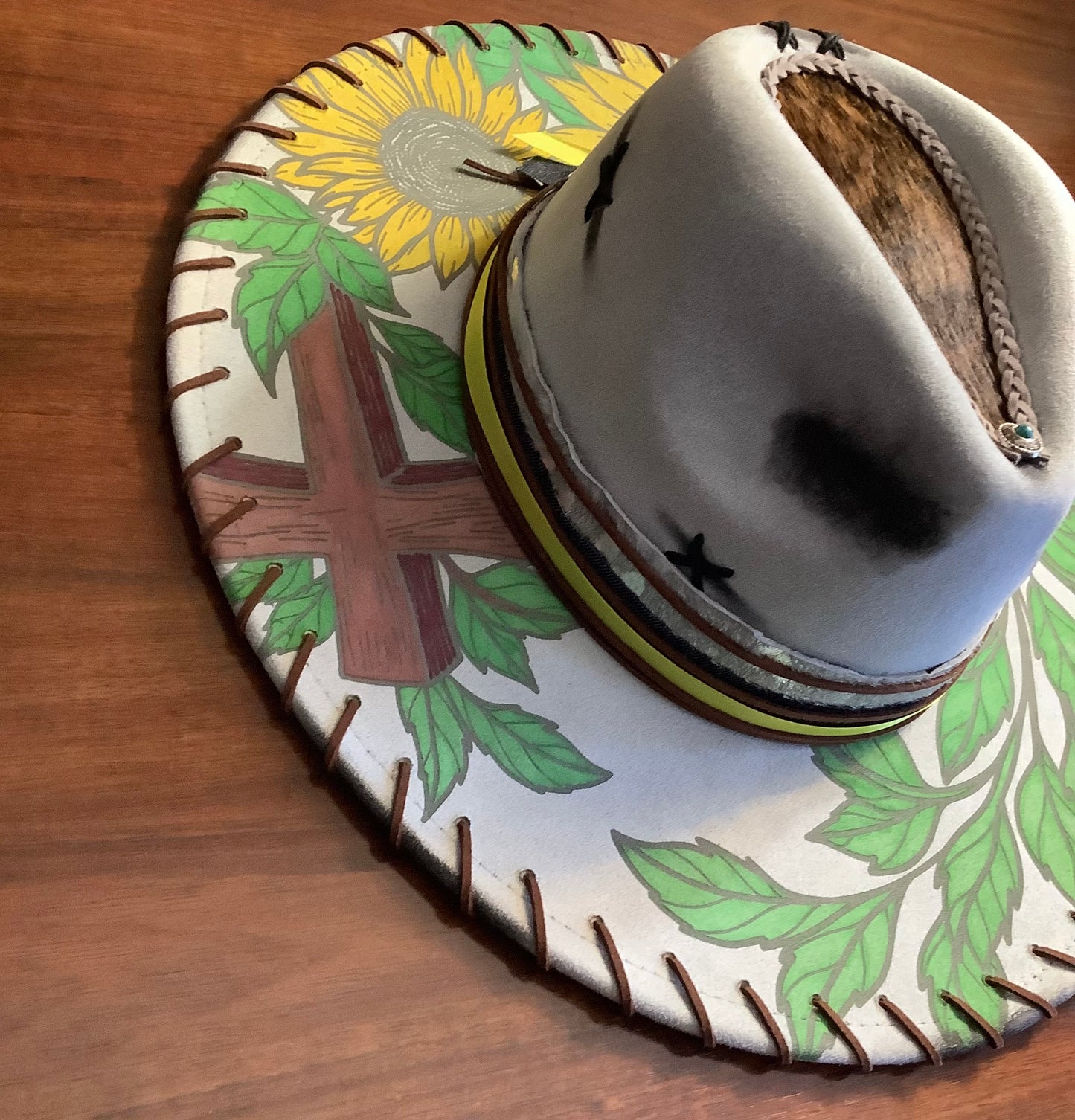 One-of-a-Kind Sunflower & Cross Cowhide Wide Brim Hat
