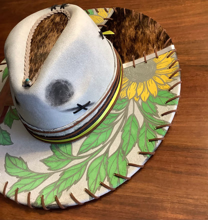 One-of-a-Kind Sunflower & Cross Cowhide Wide Brim Hat