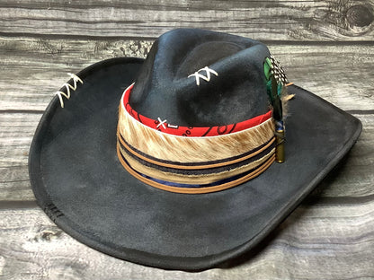 Blackout Cowhide & Feather Vegan Suede Wide Brim Hat