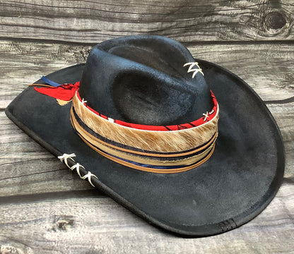 Blackout Cowhide & Feather Vegan Suede Wide Brim Hat